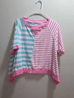 Striped Mix-Panel Short Sleeve Tee in Pink & Aqua